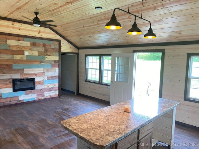 kitchen with lofted ceiling, dark wood-style floors, wood ceiling, and a fireplace