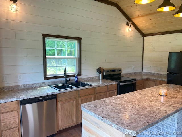 kitchen featuring light countertops, appliances with stainless steel finishes, vaulted ceiling, a sink, and wooden ceiling