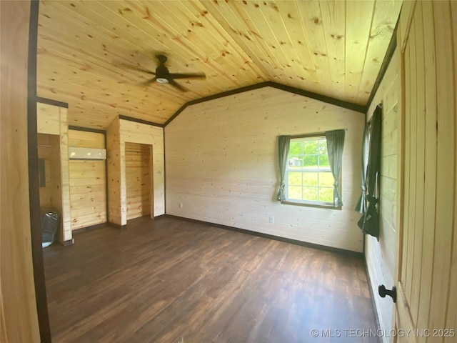 unfurnished bedroom with lofted ceiling, wood walls, dark wood-style flooring, and wooden ceiling