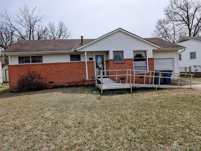 view of front facade featuring brick siding, a shingled roof, crawl space, an attached garage, and a front yard