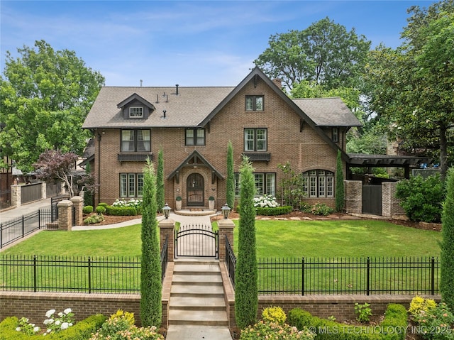 tudor-style house with a fenced front yard, a gate, a front lawn, and brick siding