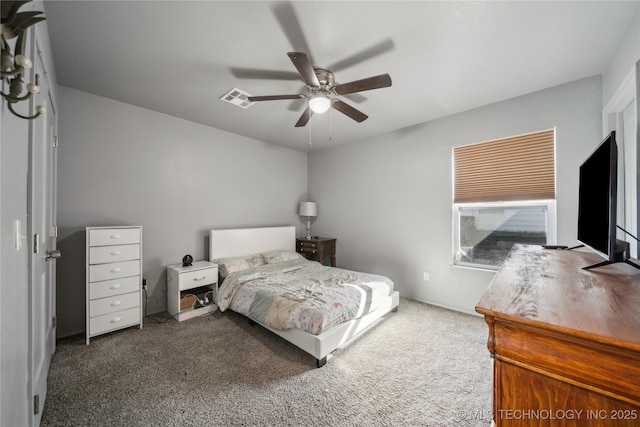 bedroom featuring a ceiling fan, carpet flooring, and visible vents