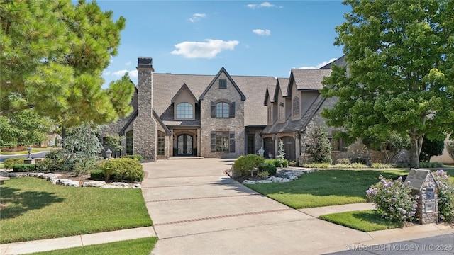 view of front of home featuring concrete driveway, stone siding, a chimney, a front yard, and stucco siding