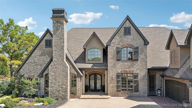 view of front facade featuring a shingled roof, french doors, driveway, and a chimney