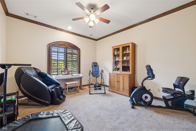 exercise room with carpet floors, visible vents, crown molding, and baseboards