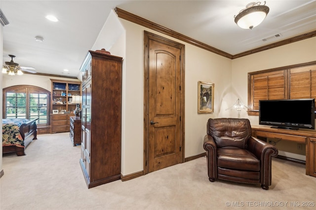 interior space with light carpet, baseboards, visible vents, and ornamental molding