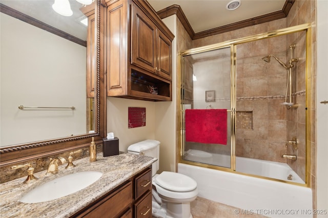 bathroom featuring shower / bath combination with glass door, vanity, toilet, and crown molding