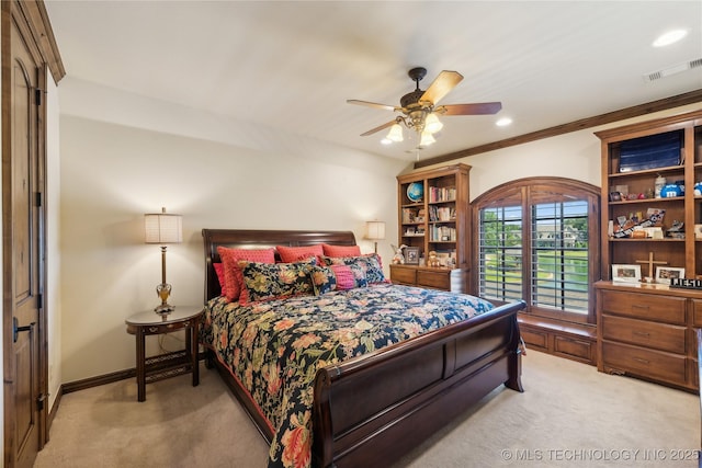 bedroom with a ceiling fan, light colored carpet, visible vents, and baseboards