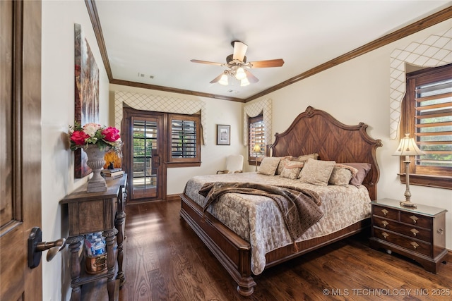 bedroom with visible vents, ceiling fan, wood finished floors, access to exterior, and crown molding