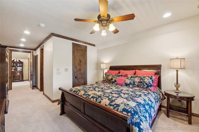 bedroom with light carpet, recessed lighting, a ceiling fan, and baseboards