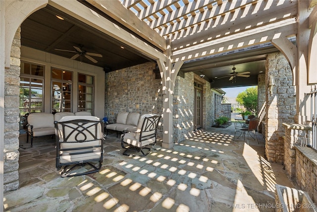 view of patio featuring an outdoor hangout area, french doors, a ceiling fan, and a pergola