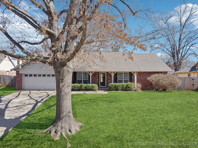 ranch-style home with brick siding, concrete driveway, a front yard, and fence