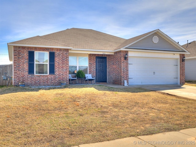 ranch-style house featuring a garage, driveway, brick siding, and a front lawn