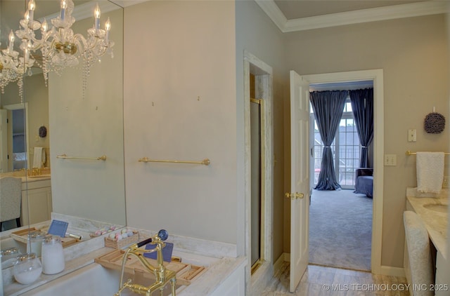 bathroom featuring vanity, crown molding, a stall shower, and connected bathroom