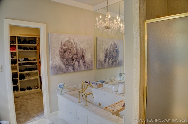 bathroom with a spacious closet, a jetted tub, a chandelier, ornamental molding, and a stall shower