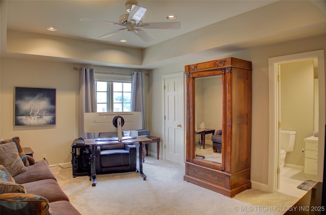 home office with baseboards, recessed lighting, light colored carpet, and ceiling fan