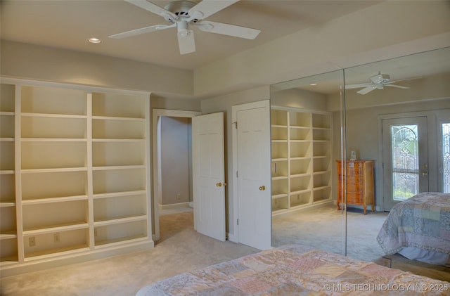 unfurnished bedroom featuring carpet flooring, recessed lighting, french doors, and ceiling fan