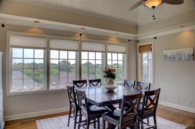 dining area featuring wood finished floors, baseboards, and ceiling fan