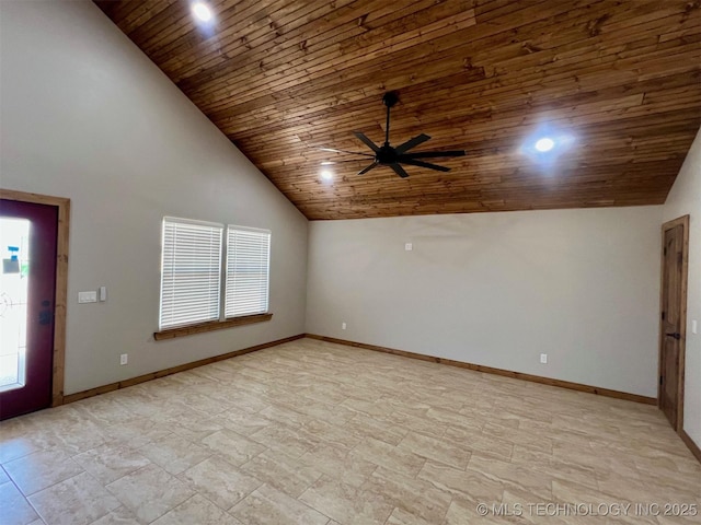 unfurnished room featuring recessed lighting, a ceiling fan, high vaulted ceiling, wooden ceiling, and baseboards