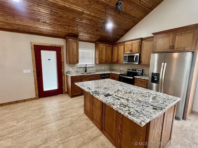 kitchen featuring light stone countertops, stainless steel appliances, a sink, wood ceiling, and a center island