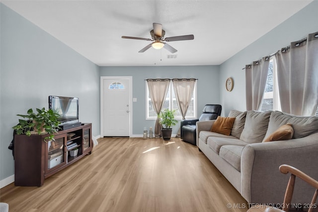 living area featuring a ceiling fan, light wood-type flooring, visible vents, and baseboards