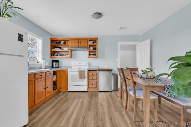 kitchen featuring white appliances, visible vents, under cabinet range hood, open shelves, and a sink