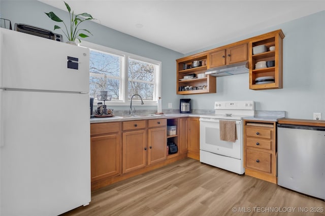 kitchen with open shelves, white appliances, a sink, and under cabinet range hood