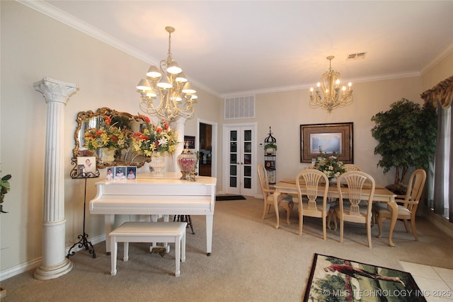 dining room featuring a chandelier, crown molding, visible vents, and light colored carpet