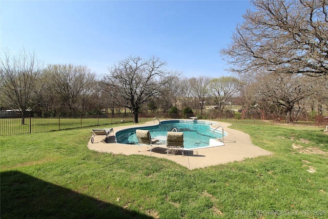 view of swimming pool featuring a fenced in pool, a patio, a lawn, fence, and a diving board