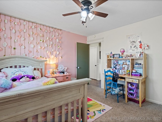 bedroom with baseboards, carpet floors, and ceiling fan