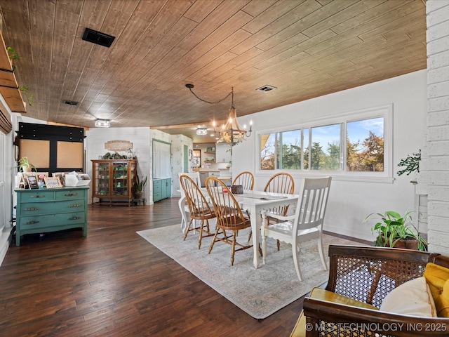 dining area with visible vents, wooden ceiling, an inviting chandelier, and wood finished floors