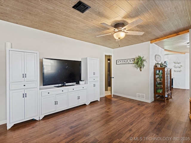 unfurnished living room featuring visible vents, wood ceiling, ceiling fan, and dark wood-style flooring