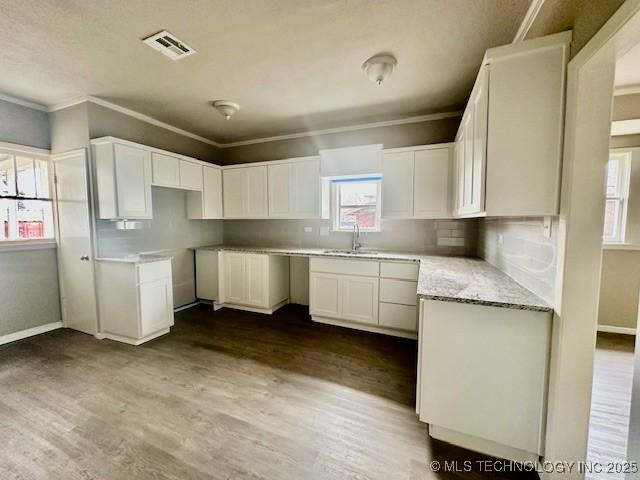 kitchen with light stone counters, dark wood-style flooring, white cabinetry, and crown molding