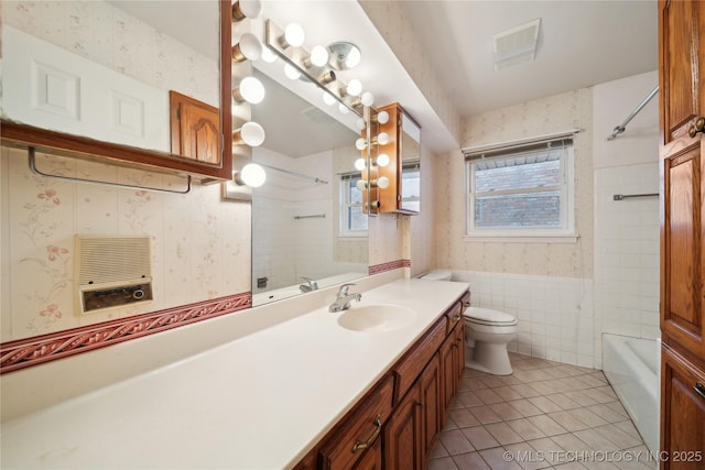 full bathroom featuring tile patterned flooring, toilet, visible vents, shower / bathing tub combination, and wallpapered walls