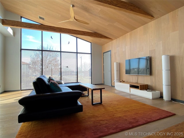 living room featuring wooden ceiling, light wood finished floors, and expansive windows