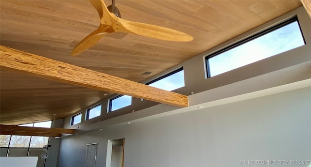 room details with wood ceiling and beamed ceiling