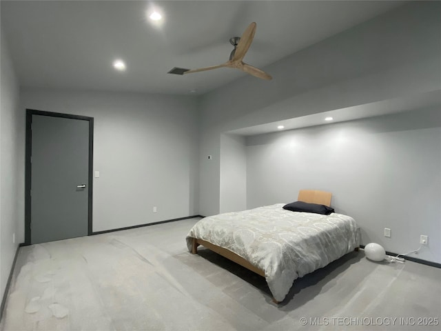 bedroom featuring visible vents, light colored carpet, a ceiling fan, and recessed lighting