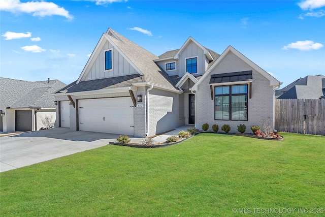 modern farmhouse style home with concrete driveway, fence, board and batten siding, and brick siding