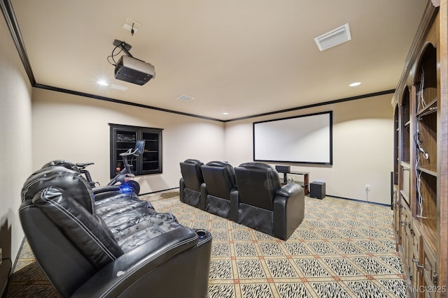 home theater featuring visible vents, crown molding, and recessed lighting