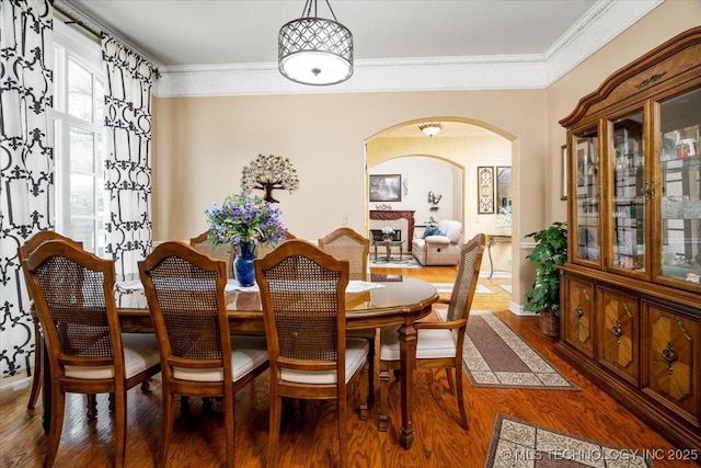 dining room featuring arched walkways, wood finished floors, and crown molding