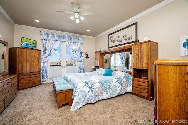 bedroom featuring light carpet, access to outside, ceiling fan, and crown molding