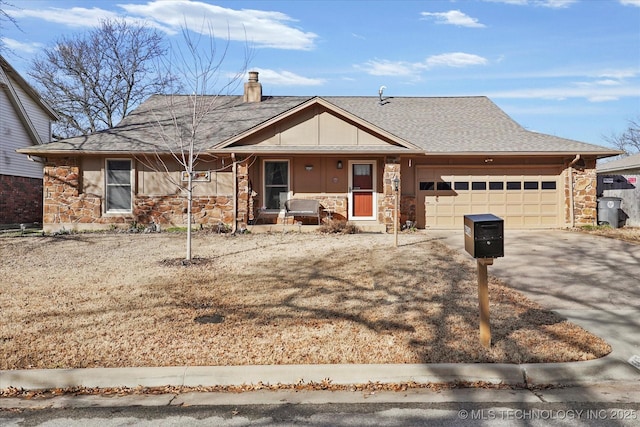 ranch-style home featuring stone siding, a porch, a chimney, and concrete driveway