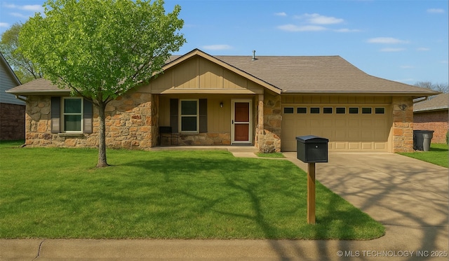 ranch-style house with an attached garage, concrete driveway, stone siding, and a front lawn