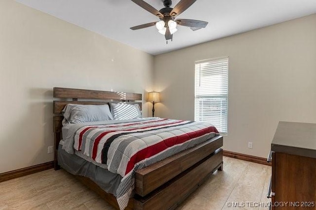 bedroom featuring ceiling fan and baseboards