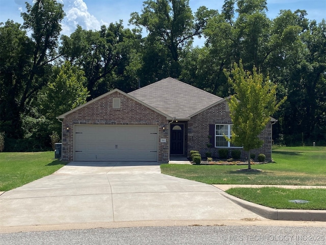 ranch-style home featuring an attached garage, driveway, central AC, and a front yard