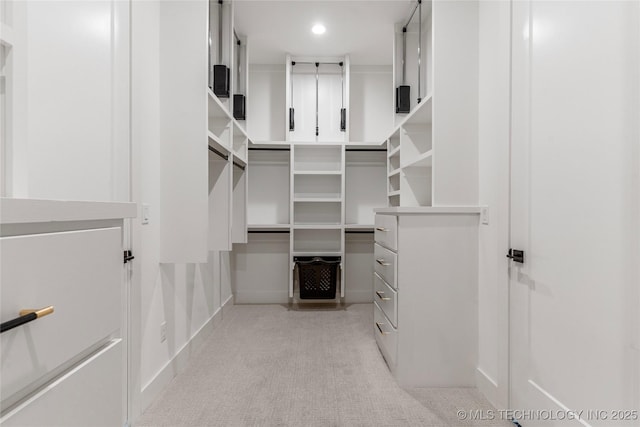 spacious closet featuring light colored carpet