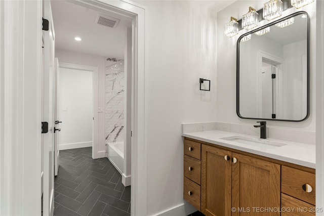 full bathroom with a shower, recessed lighting, visible vents, a bathing tub, and vanity