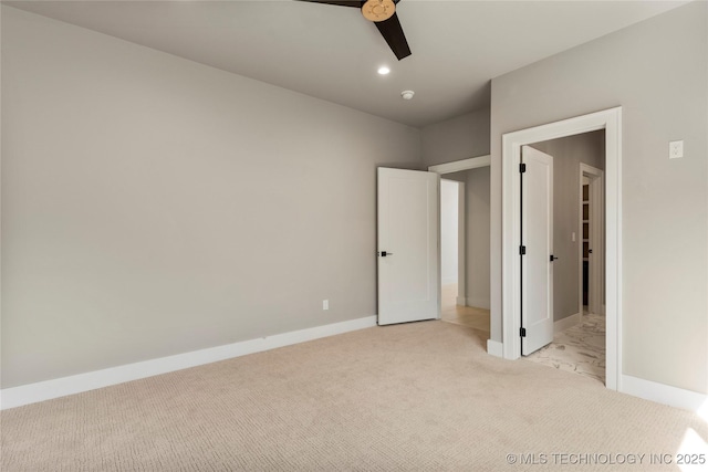 unfurnished bedroom featuring baseboards, ceiling fan, recessed lighting, and light colored carpet