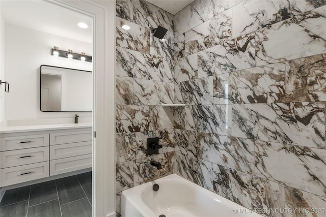 full bath featuring shower / bathing tub combination, vanity, and tile patterned floors