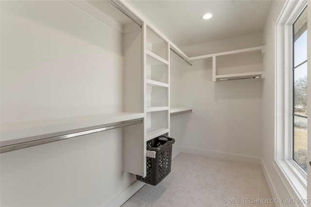 spacious closet with light colored carpet